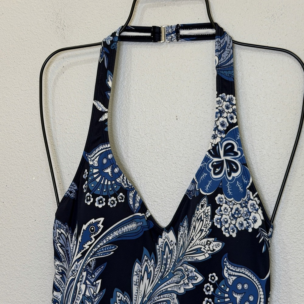 Lauren Ralph Lauren One Piece Swimsuit Size 10 Blue Floral Studs Padded Slimming - Picture 2 of 9